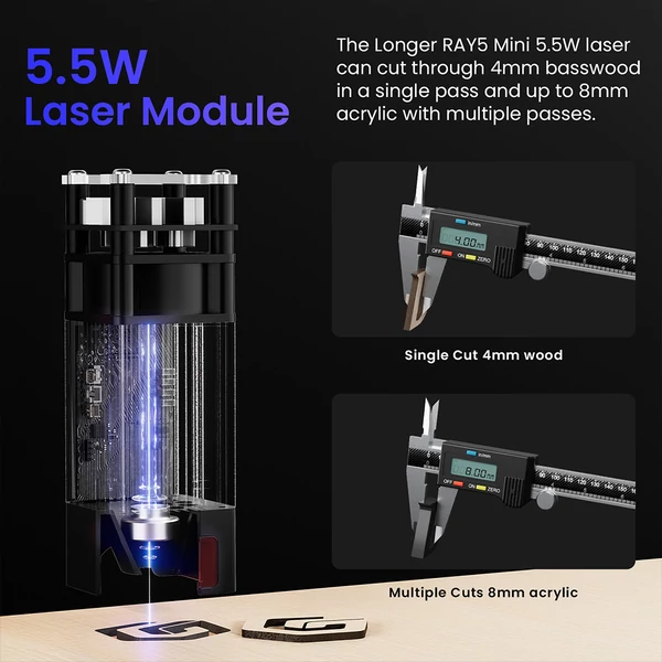 LONGER Ray5 Mini 5.5W lézergravírozó – 0.08mm pont, 12000mm/perc, 130×130mm, 8mm vágás, WiFi/USB/App, fa/akril/bőr/fém/kerámia
