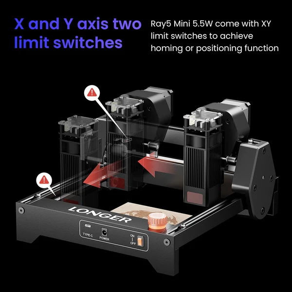 LONGER Ray5 Mini 5.5W lézergravírozó – 0.08mm pont, 12000mm/perc, 130×130mm, 8mm vágás, WiFi/USB/App, fa/akril/bőr/fém/kerámia