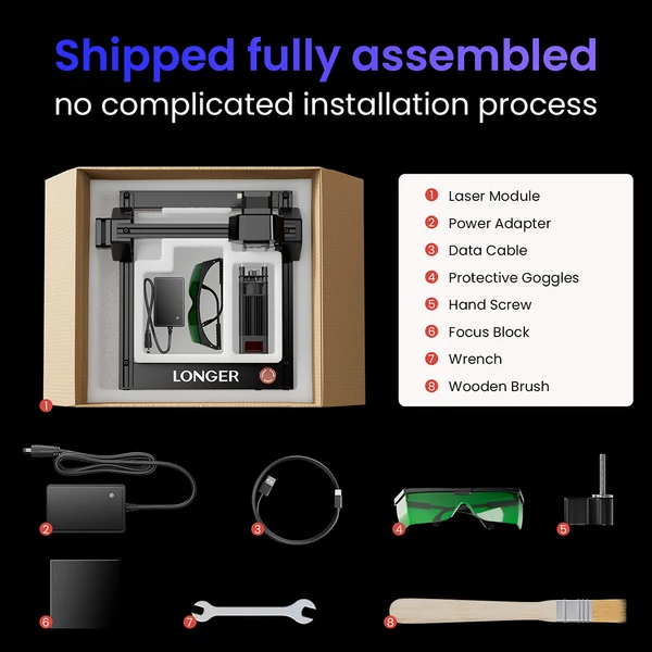 LONGER Ray5 Mini 5.5W lézergravírozó – 0.08mm pont, 12000mm/perc, 130×130mm, 8mm vágás, WiFi/USB/App, fa/akril/bőr/fém/kerámia