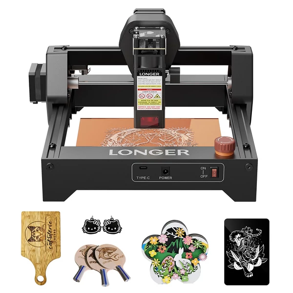 LONGER Ray5 Mini 5.5W lézergravírozó – 0.08mm pont, 12000mm/perc, 130×130mm, 8mm vágás, WiFi/USB/App, fa/akril/bőr/fém/kerámia