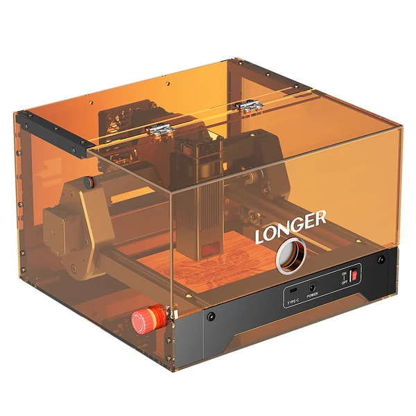 LONGER Ray5 MiniS 10W zárt lézergravírozó – Class 1 védelem, 0,1 mm pontosság, 12000 mm/perc, 130×120 mm, 20 mm vágás, WiFi/USB/App