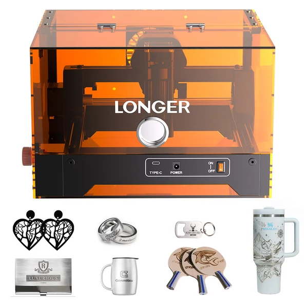 LONGER Ray5 MiniS 10W zárt lézergravírozó – Class 1 védelem, 0,1 mm pontosság, 12000 mm/perc, 130×120 mm, 20 mm vágás, WiFi/USB/App