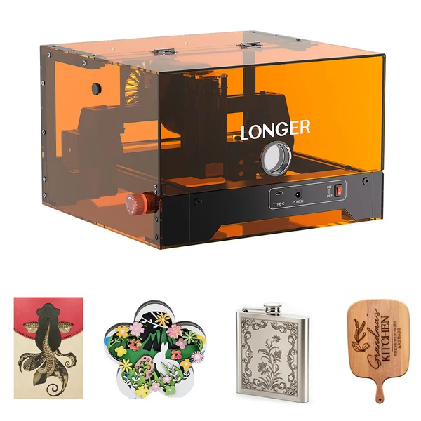 LONGER Ray5 MiniS 3.5W zárt lézergravírozó – Class 1 védelem, 0,04 mm pontosság, 12000 mm/perc, 130×140 mm, WiFi/USB/App, 12 mm vágás, fa/akril/bőr/fém