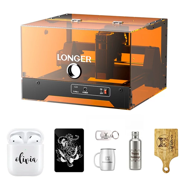 LONGER Ray5 MiniS 3.5W zárt lézergravírozó – Class 1 védelem, 0,04 mm pontosság, 12000 mm/perc, 130×140 mm, WiFi/USB/App, 12 mm vágás, fa/akril/bőr/fém