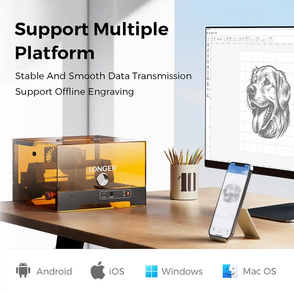 LONGER Ray5 MiniS 2.5W zárt lézergravírozó, 0.04mm pontosság, 12000mm/perc, 130×140mm, Class 1 védelem, WiFi/USB/App, fa/akril/bőr/fém/kerámia