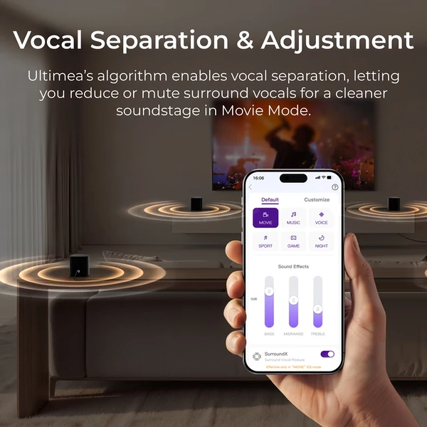 Ultimea Aura S4T 7.1 hangrendszer mélynyomóval, 4 surround hangfallal, 360° virtuális térhangzás, HDMI eARC, Bluetooth 6.0
