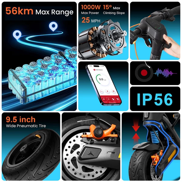CUNFON RS500 elektromos roller – 500W motor, 36V 13Ah akku, 56 km hatótáv, 40 km/h, 9.5" kerék, 15° emelkedő, tárcsafék, 100 kg teherbírás
