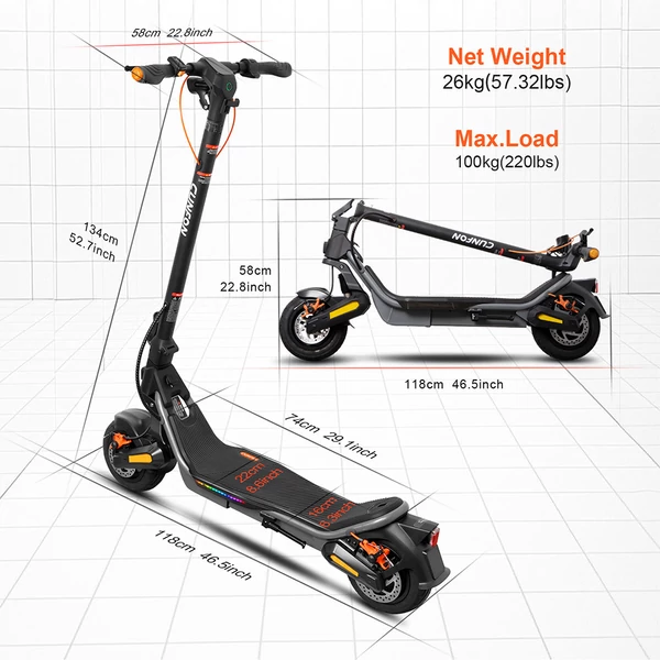 CUNFON RS500 elektromos roller – 500W motor, 36V 13Ah akku, 56 km hatótáv, 40 km/h, 9.5" kerék, 15° emelkedő, tárcsafék, 100 kg teherbírás