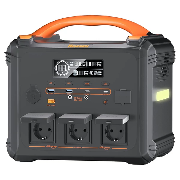 NEWSMY S1210 hordozható erőmű 2000W (3000W csúcs), 1102Wh LiFePO₄ akkumulátorral, 1300W gyorstöltéssel, MPPT napelemes támogatással, otthonra és kempinghez