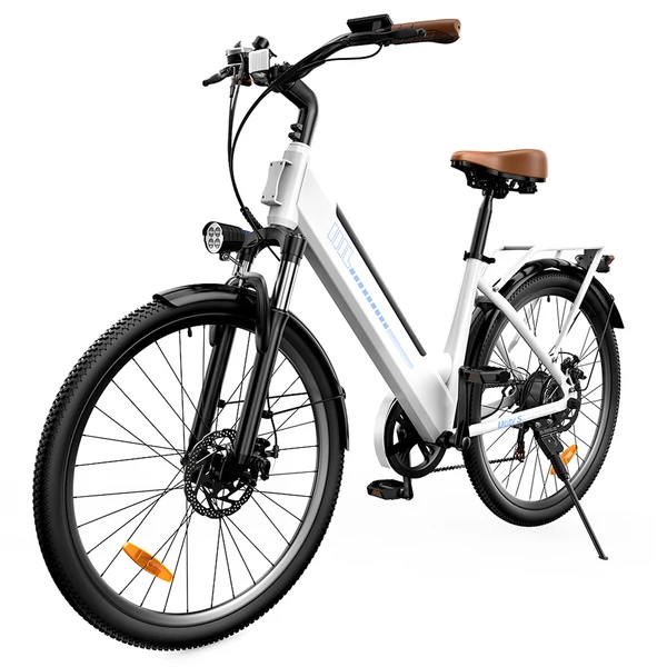 UcityS elektromos kerékpár, 250W motorral, 36V 13Ah akkuval, 90 km hatótávval, 25 km/h, 26” vastag gumi, első rugózás, tárcsafék, app vezérlés – Fehér