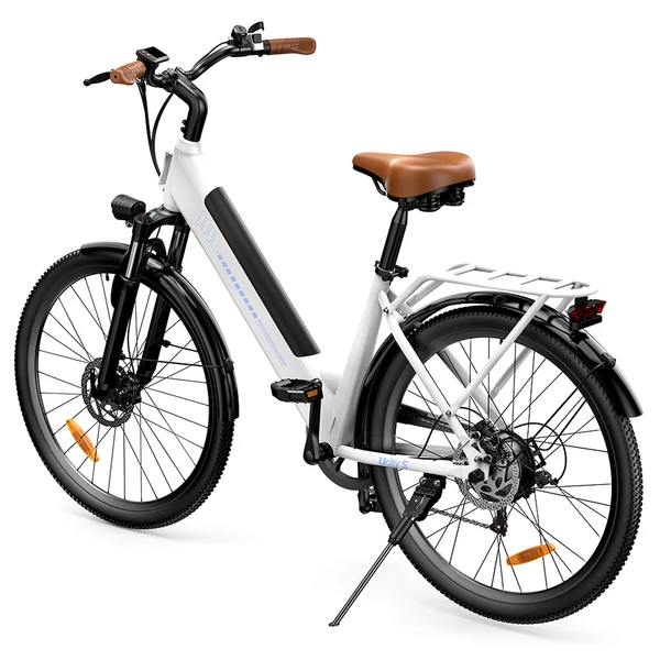 UcityS elektromos kerékpár, 250W motorral, 36V 13Ah akkuval, 90 km hatótávval, 25 km/h, 26” vastag gumi, első rugózás, tárcsafék, app vezérlés – Fehér