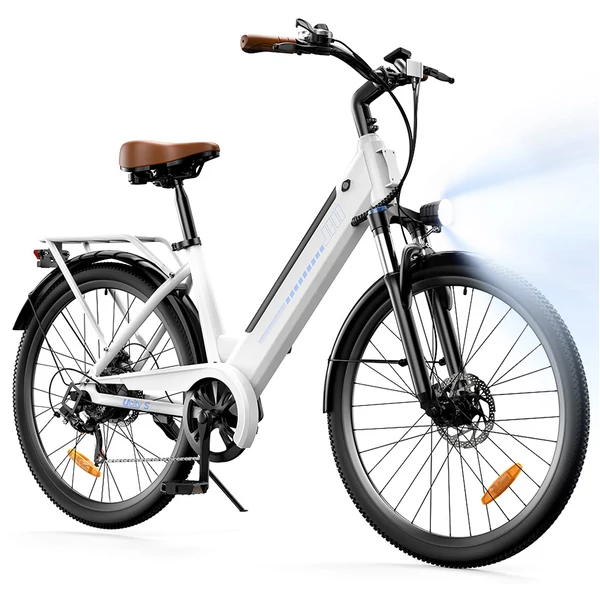 UcityS elektromos kerékpár, 250W motorral, 36V 13Ah akkuval, 90 km hatótávval, 25 km/h, 26” vastag gumi, első rugózás, tárcsafék, app vezérlés – Fehér
