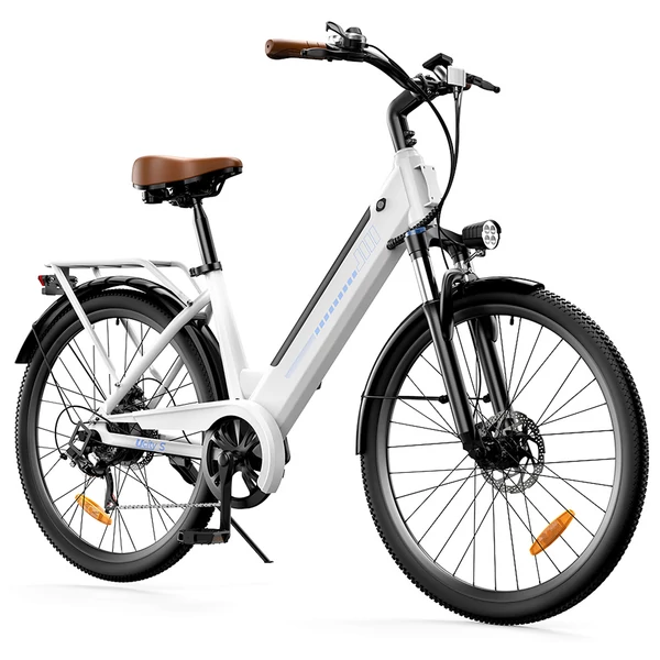 UcityS elektromos kerékpár, 250W motorral, 36V 13Ah akkuval, 90 km hatótávval, 25 km/h, 26” vastag gumi, első rugózás, tárcsafék, app vezérlés – Fehér