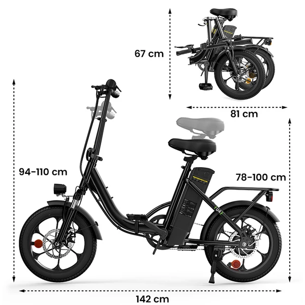 U4 összecsukható elektromos kerékpár, 500W motor, 36V 10.4Ah akku, 90 km hatótáv, 30 km/h, 16” kerék, első rugózás, dupla tárcsafék, LCD kijelző