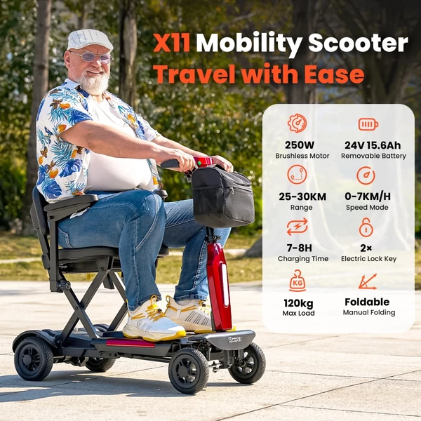 iScooter X11 elektromos moped, 250W motorral, 24V 15.6Ah akkuval, 7 km/h, 35 km hatótáv, stabil 4 kerekű kialakítás, LED kijelző, 120 kg teherbírás