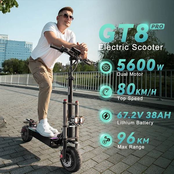 FENGQS GT8 PRO elektromos roller – 2×2800W motor, 67.2V 38Ah akku, 11” kerék, 80 km/h, 90 km hatótáv, hidraulikus fék, dupla rugózás