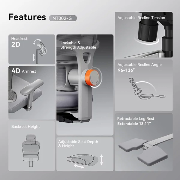 NEWTRAL NT002 ergonomikus szék lábtartóval + levehető munkafelület - Szürke