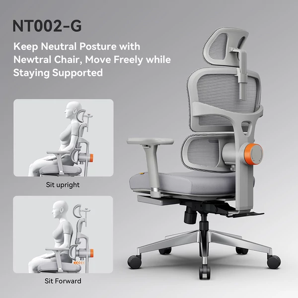 NEWTRAL NT002 ergonomikus irodai szék lábtartóval, fejtámlával, adaptív deréktámasszal és 4D kartámasszal – Szürke
