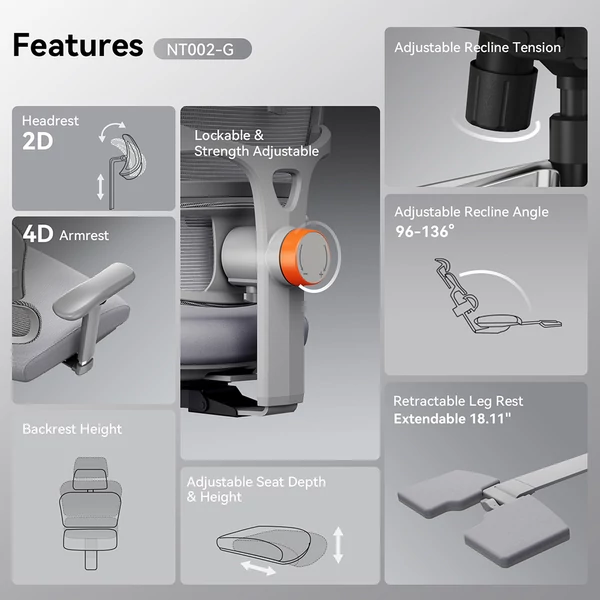 NEWTRAL NT002 ergonomikus irodai szék lábtartóval, fejtámlával, adaptív deréktámasszal és 4D kartámasszal – Szürke
