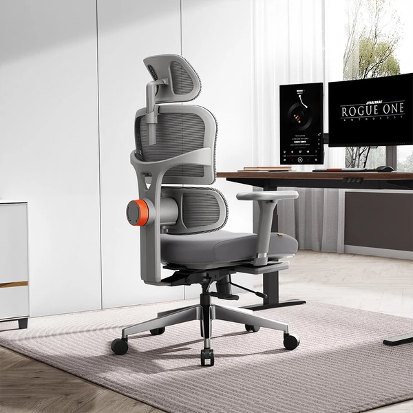 NEWTRAL NT002 ergonomikus irodai szék lábtartóval, fejtámlával, adaptív deréktámasszal és 4D kartámasszal – Szürke