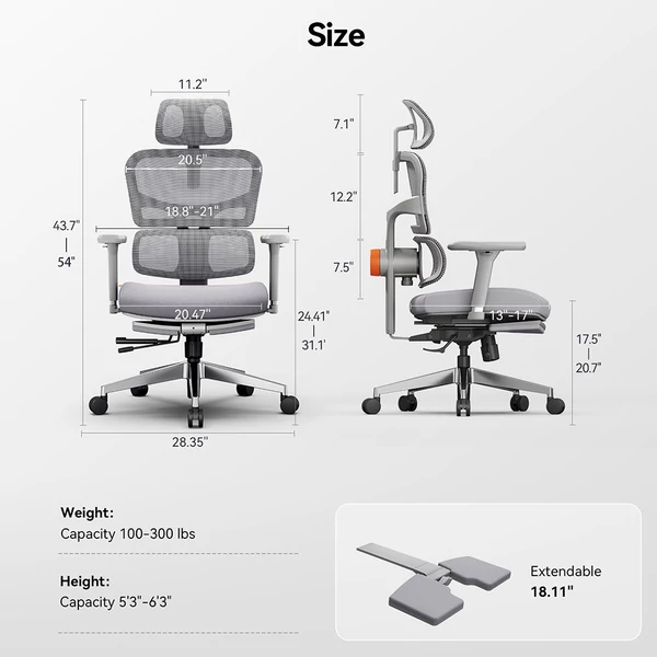 NEWTRAL NT002 ergonomikus irodai szék lábtartóval, fejtámlával, adaptív deréktámasszal és 4D kartámasszal – Szürke