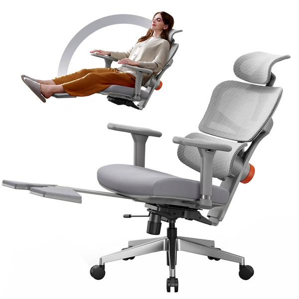 NEWTRAL NT002 ergonomikus irodai szék lábtartóval, fejtámlával, adaptív deréktámasszal és 4D kartámasszal – Szürke
