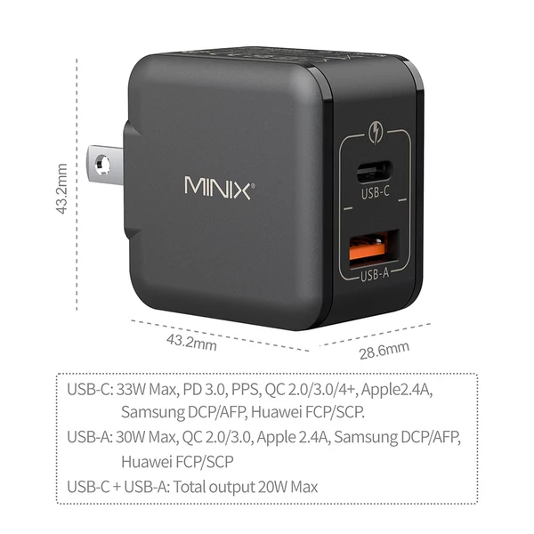 MINIX P1 Mini 33W univerzális dupla portos töltő, USB‑A + USB‑C gyorstöltés
