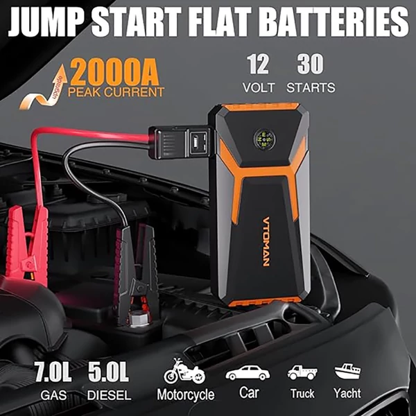 VTOMAN V6 PRO 2000A autó bikázó, LED lámpával, gyorstöltéssel, 7.0L benzines és 5.0L dízel motorokhoz