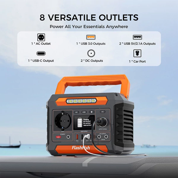 Flashfish P66 hordozható áramforrás 300W, 230Wh – kültéri generátor, tiszta szinusz, USB‑C, napelemes töltés, vészfény, kempinghez és utazáshoz