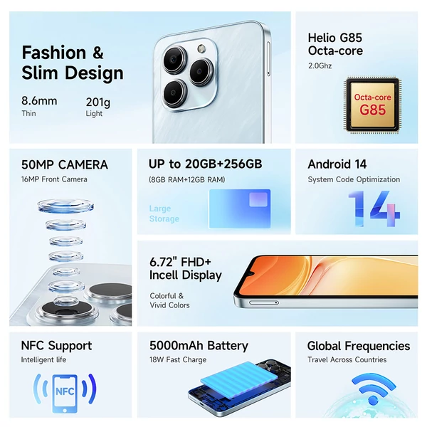FOSSiBOT S2 4G okostelefon, Android 14, 8GB/256GB, 6.72'' FHD kijelző, 5000mAh, 50+16MP kamera, Dual SIM, NFC – Szürke