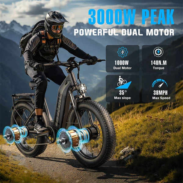 FENGQS H2 Pro elektromos kerékpár, 2×1000W motorral, 52V 20Ah akkumulátorral, 26×4.0 gumik, 50 km/h, 145 km hatótáv, hidraulikus fék – Szürke