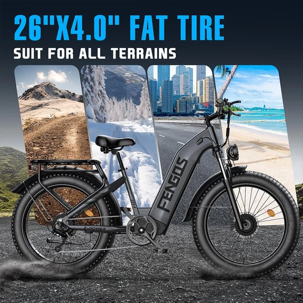 FENGQS H2 Pro elektromos kerékpár, 2×1000W motorral, 52V 20Ah akkumulátorral, 26×4.0 gumik, 50 km/h, 145 km hatótáv, hidraulikus fék – Szürke