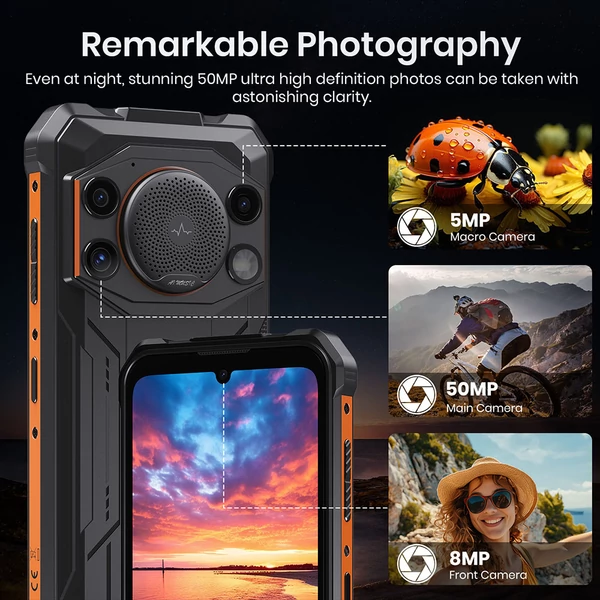 FOSSiBOT F110L strapabíró 4G okostelefon, 12GB+128GB, 6.745'' HD+ kijelző, 128 dB hangszóró, 10000 mAh, 20W gyorstöltés, 50 MP kamera, IP68/IP69K - Narancs