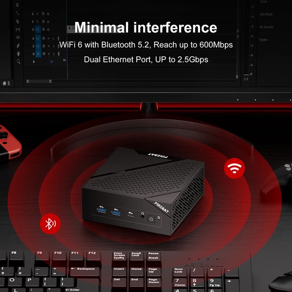 FIREBAT AM02 mini PC – Ryzen 5 6600H, 16GB RAM, 512GB SSD, 4K hármas kijelző (Type‑C/DP/HDMI), WiFi 6, BT 5.2, USB3.2, LAN