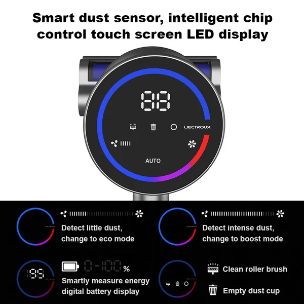 Liectroux i10 vezeték nélküli 250W, 27kPa állóporszívó, porérzékelés, érintőkijelző, LED fény, 45 perc üzemidő, szőnyeghez, padlóhoz, autóhoz, állatszőrhöz