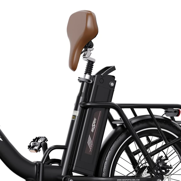 ONESPORT OT16 elektromos kerékpár 20×3.0 gumik, 48V 17Ah akkumulátor, 25 km/h, 3 mód, 7 sebesség, tárcsafék – fekete/barna