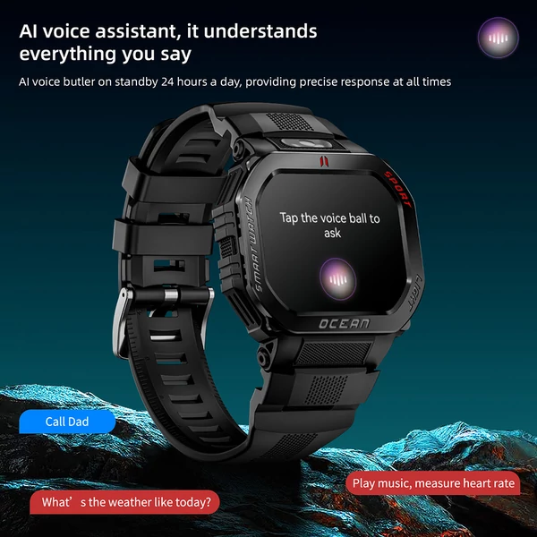 LOKMAT OCEAN GT okosóra – 1.75'' kijelző, zseblámpa, iránytű, AI hangasszisztens, BT hívás, 3ATM vízálló, egészségfigyelés, 100+ sportmód – Fekete