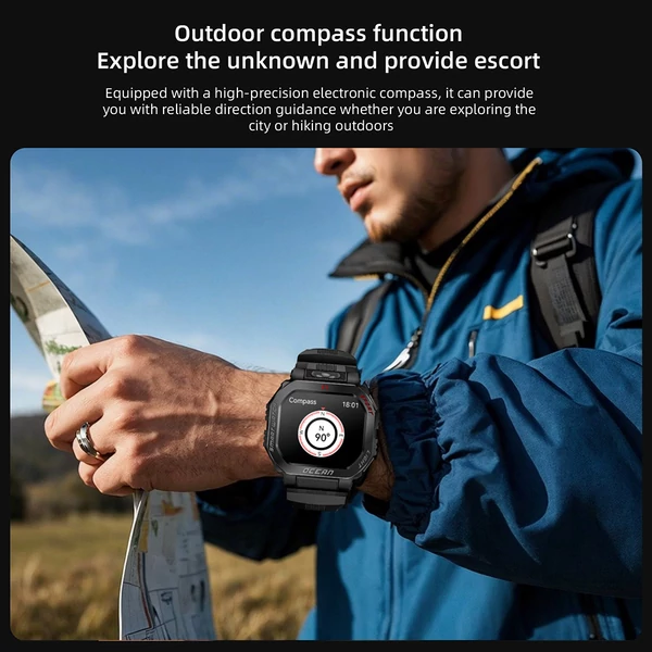 LOKMAT OCEAN GT okosóra – 1.75'' kijelző, zseblámpa, iránytű, AI hangasszisztens, BT hívás, 3ATM vízálló, egészségfigyelés, 100+ sportmód – Fekete