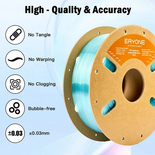 ERYONE nagysebességű, áttetsző színátmenetes PETG filament 1kg – világos kék & átlátszó