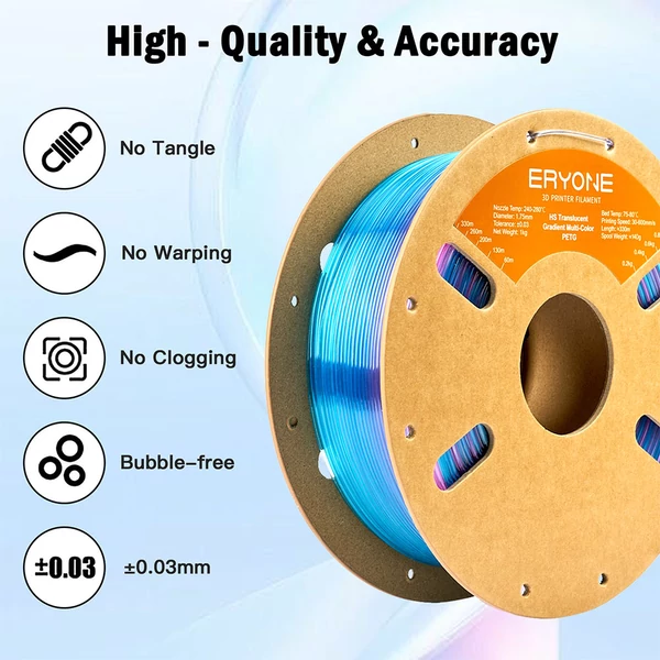 4kg ERYONE HS áttetsző színátmenetes multi‑color PETG filament – rózsapiros & kék / sötétkék & átlátszó / világoskék & átlátszó / világos rózsaszín & átlátszó