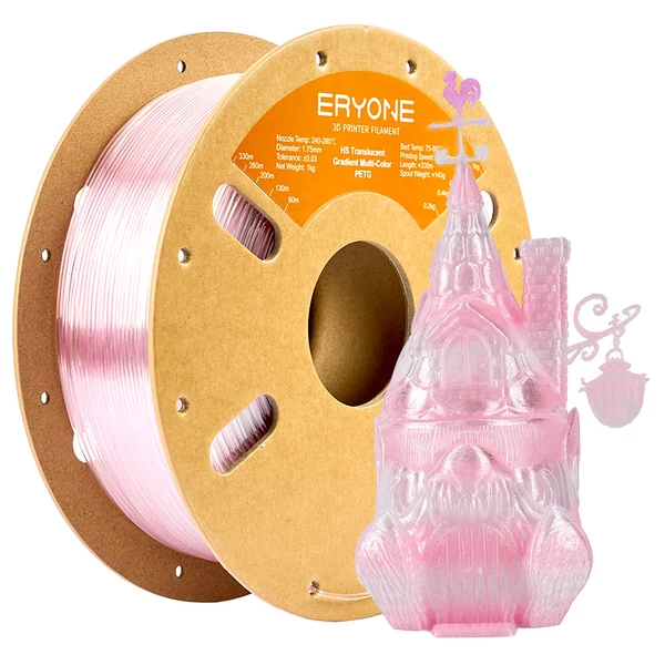 4kg ERYONE HS áttetsző színátmenetes multi‑color PETG filament – rózsapiros & kék / sötétkék & átlátszó / világoskék & átlátszó / világos rózsaszín & átlátszó