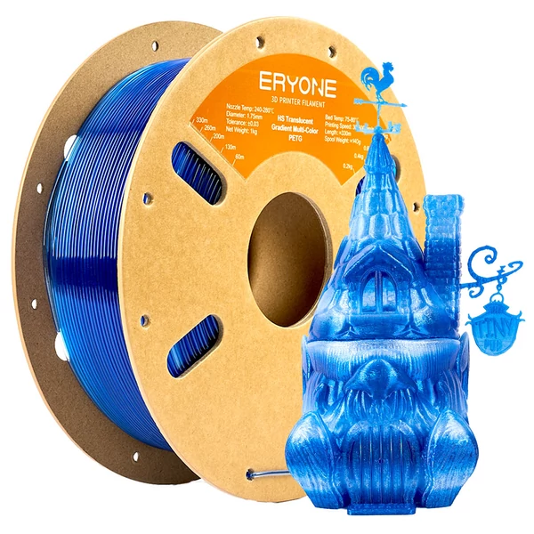 4kg ERYONE HS áttetsző színátmenetes multi‑color PETG filament – rózsapiros & kék / sötétkék & átlátszó / világoskék & átlátszó / világos rózsaszín & átlátszó