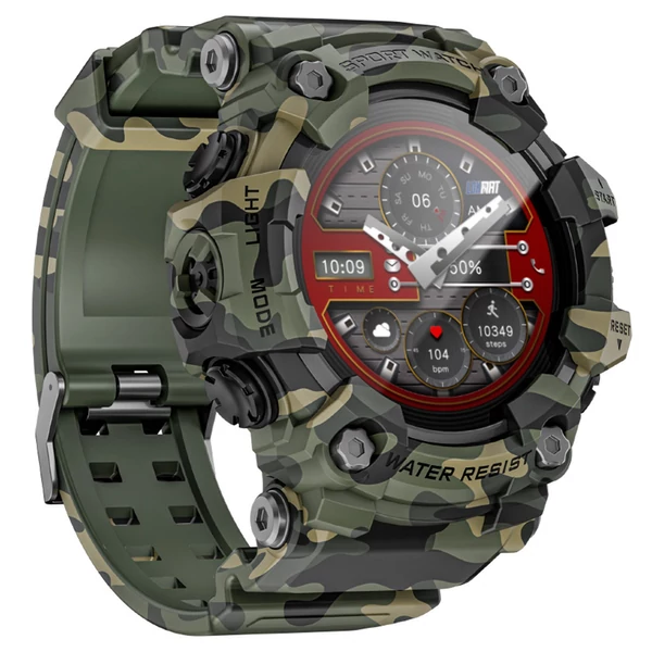 LOKMAT ATTACK GT okosóra – 1.32'' HD érintőkijelző, IP68 vízálló, 100+ sportmód, Bluetooth hívás, pulzus- és alvásmérés, 15 napos üzemidő – Katonai zöld