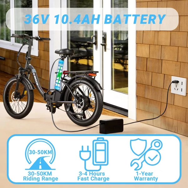 E·Bycco S1 összecsukható e-bike, 250W, 36V 10.4Ah akku, 25 km/h, 30–50 km, 20×3.0” gumi, Shimano 7 seb., dupla tárcsafék