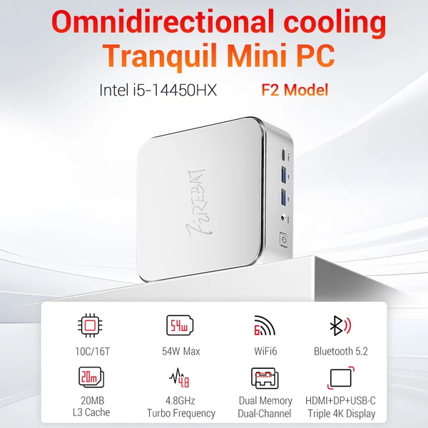 FIREBAT F2 mini PC – Intel Core i5‑14450HX, 16GB DDR4, 512GB SSD, UHD Graphics, 4K hármas kijelző, HDMI/DP/Type‑C, WiFi 6, BT 5.2