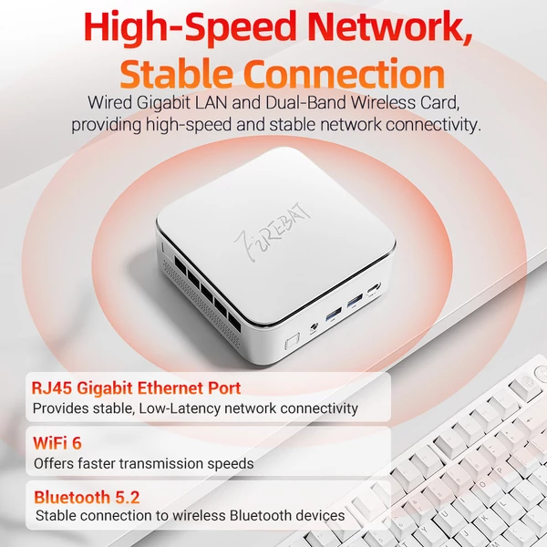 FIREBAT F2 mini PC – Intel Core i5‑14450HX, 16GB DDR4, 512GB SSD, UHD Graphics, 4K hármas kijelző, HDMI/DP/Type‑C, WiFi 6, BT 5.2