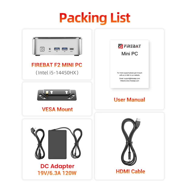 FIREBAT F2 mini PC – Intel Core i5‑14450HX, 16GB DDR4, 512GB SSD, UHD Graphics, 4K hármas kijelző, HDMI/DP/Type‑C, WiFi 6, BT 5.2