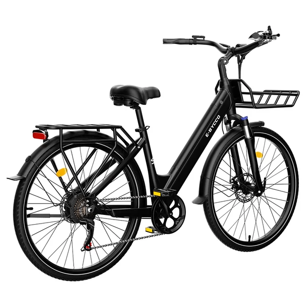 E·Bycco V1 elektromos kerékpár, 250W (500W), 36V 15.6Ah kivehető akku, 25 km/h, akár 90 km hatótáv, 28” e-bike, SHIMANO 7 seb., dupla tárcsafék – Fekete