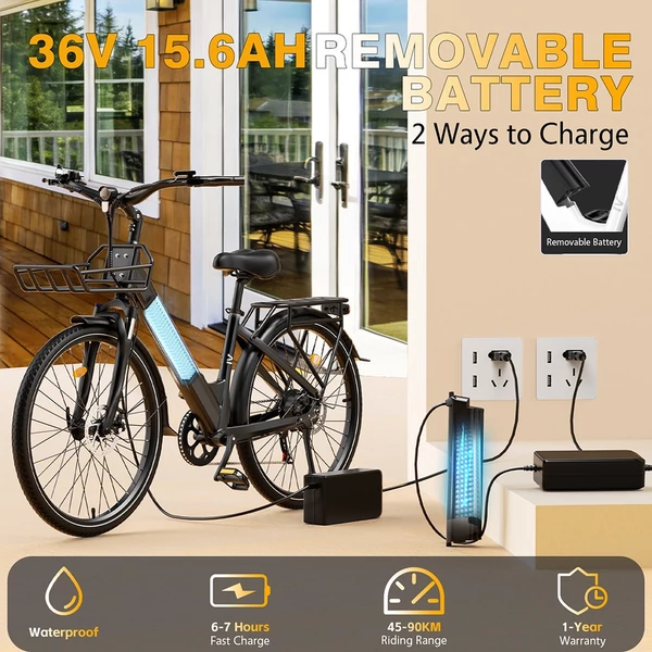 E·Bycco V1 elektromos kerékpár, 250W (500W), 36V 15.6Ah kivehető akku, 25 km/h, akár 90 km hatótáv, 28” e-bike, SHIMANO 7 seb., dupla tárcsafék – Fekete