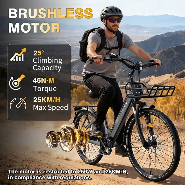 E·Bycco V1 elektromos kerékpár, 250W (500W), 36V 15.6Ah kivehető akku, 25 km/h, akár 90 km hatótáv, 28” e-bike, SHIMANO 7 seb., dupla tárcsafék – Fekete